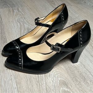 Cole Haan Mary Jane Glossy Black Leather Cap Toe Heel 8